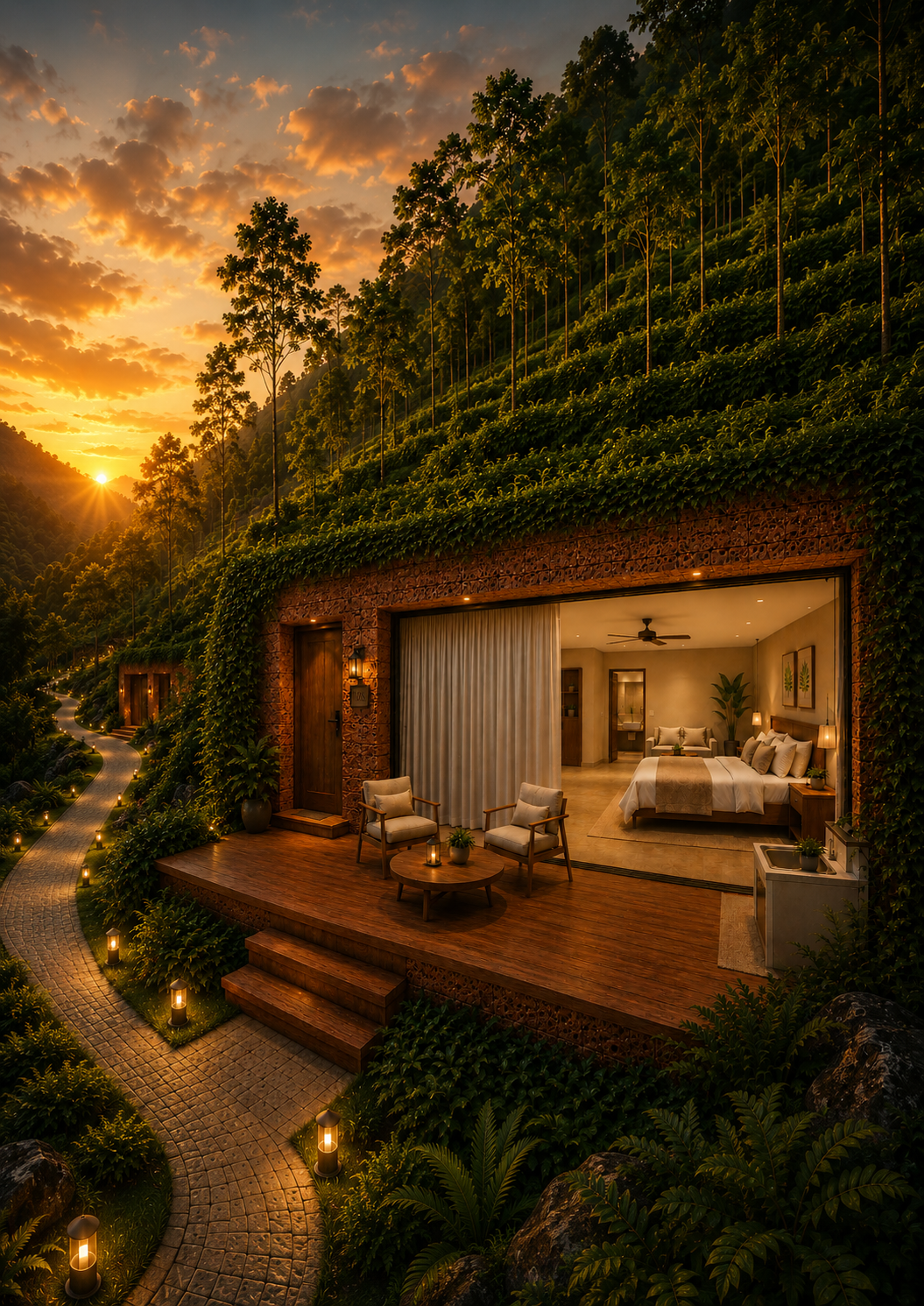 The Signature Cottage nestled on the hillside at dusk