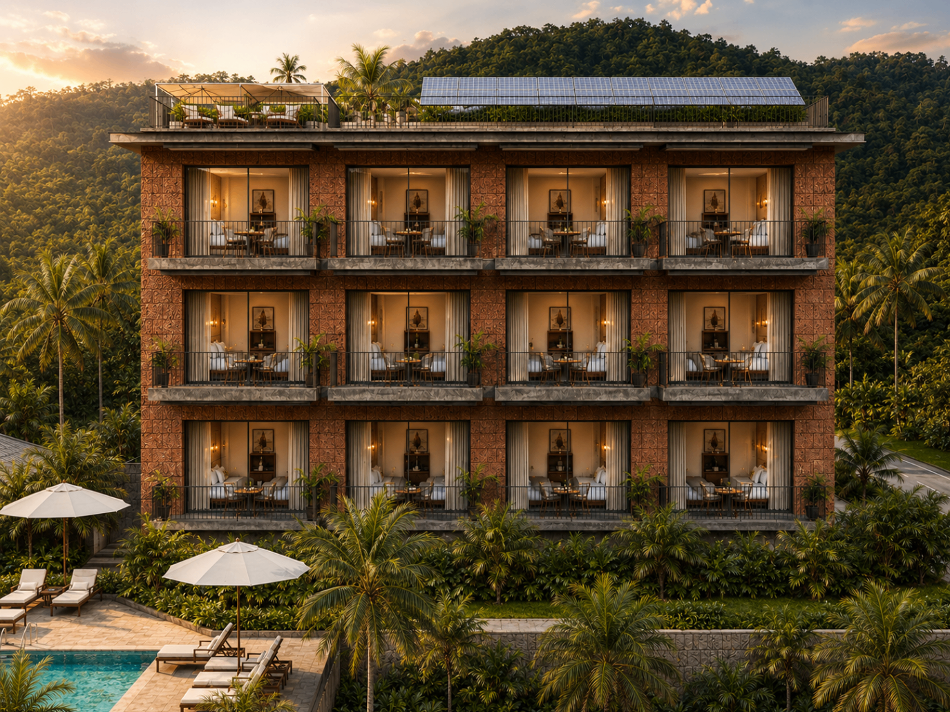 Signature Studio building facade with pool