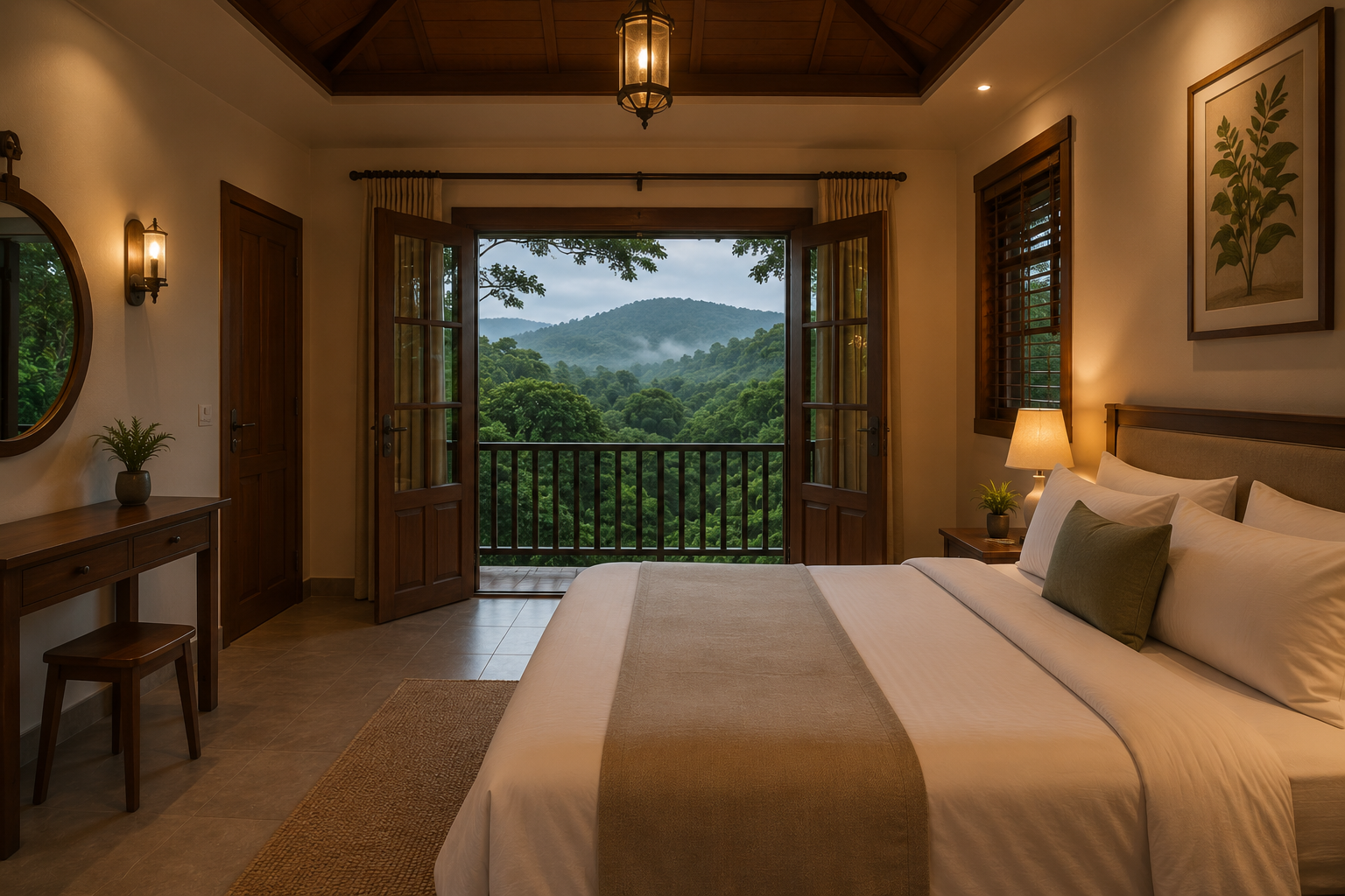 Guest bedroom opening to the Wayanad valley