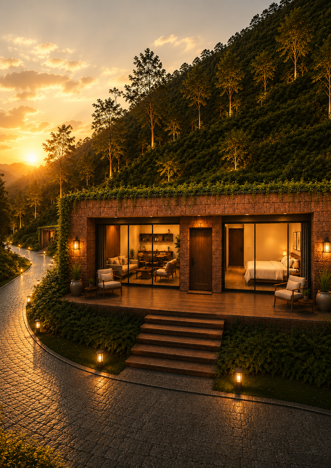The Luxe Cottage exterior at sunset