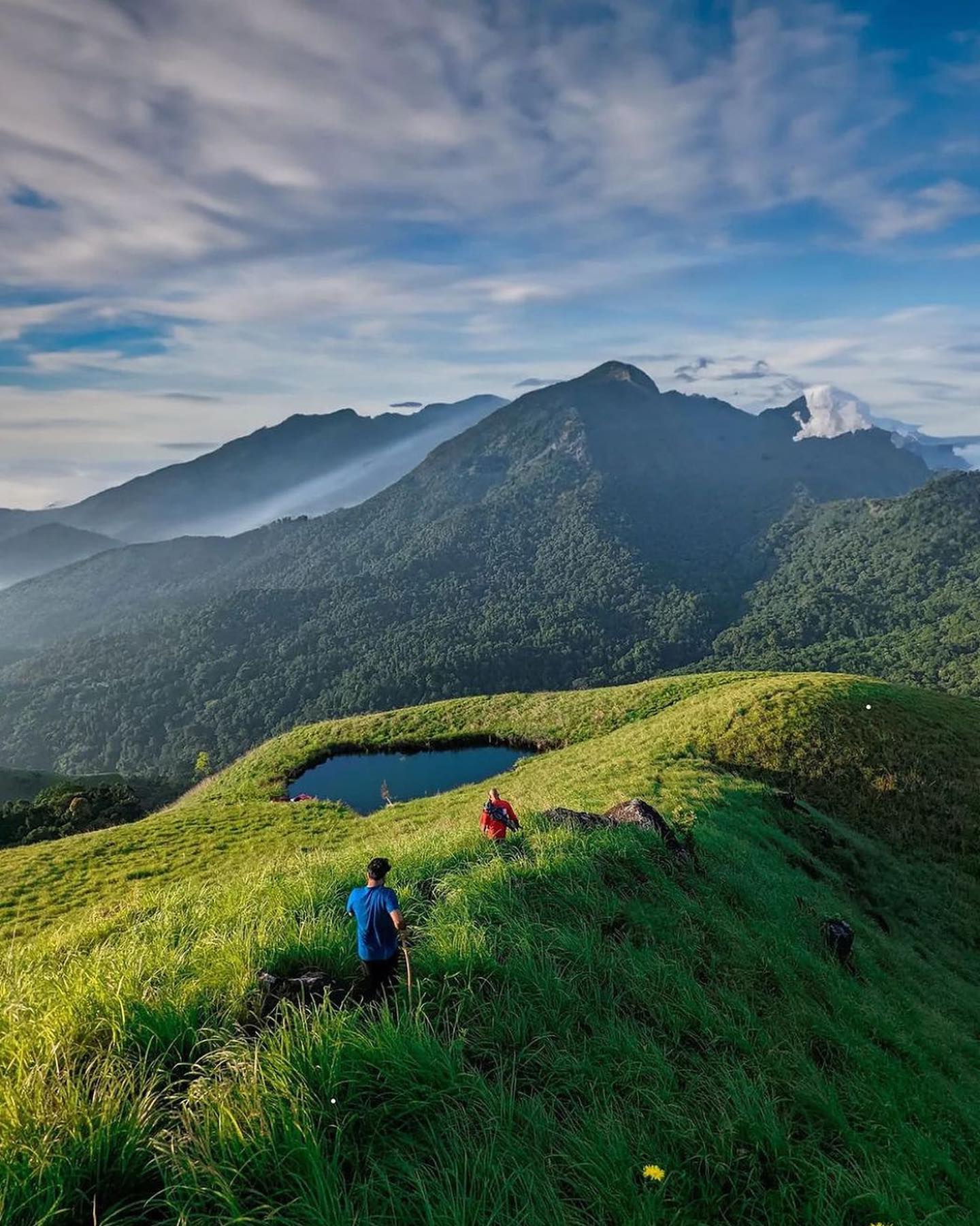 Chembra Peak. Misty Western Ghats sunrise overlooking Wayanad's valleys