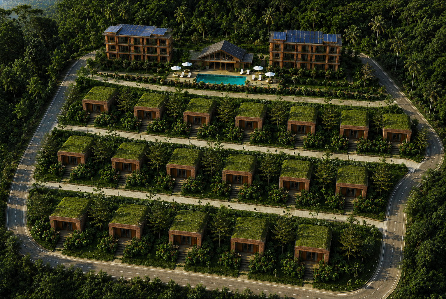 Aerial render of the SĀYA masterplan with clubhouse, pool and private residences