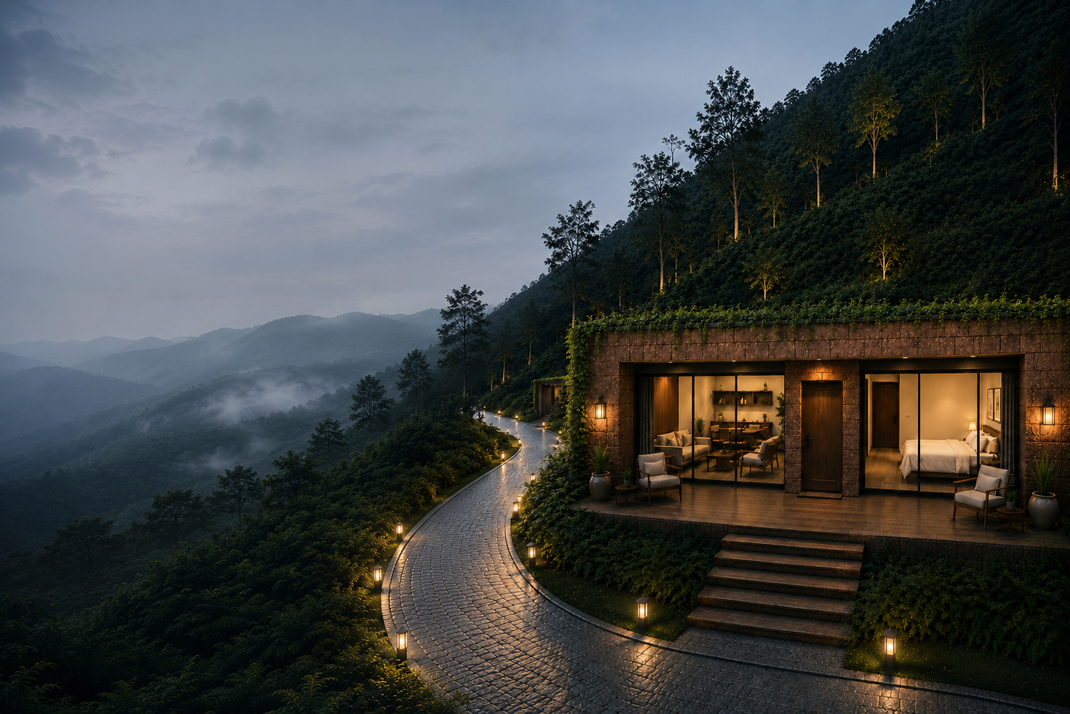 Misty Wayanad valley at dawn with a luxury retreat on the ridge