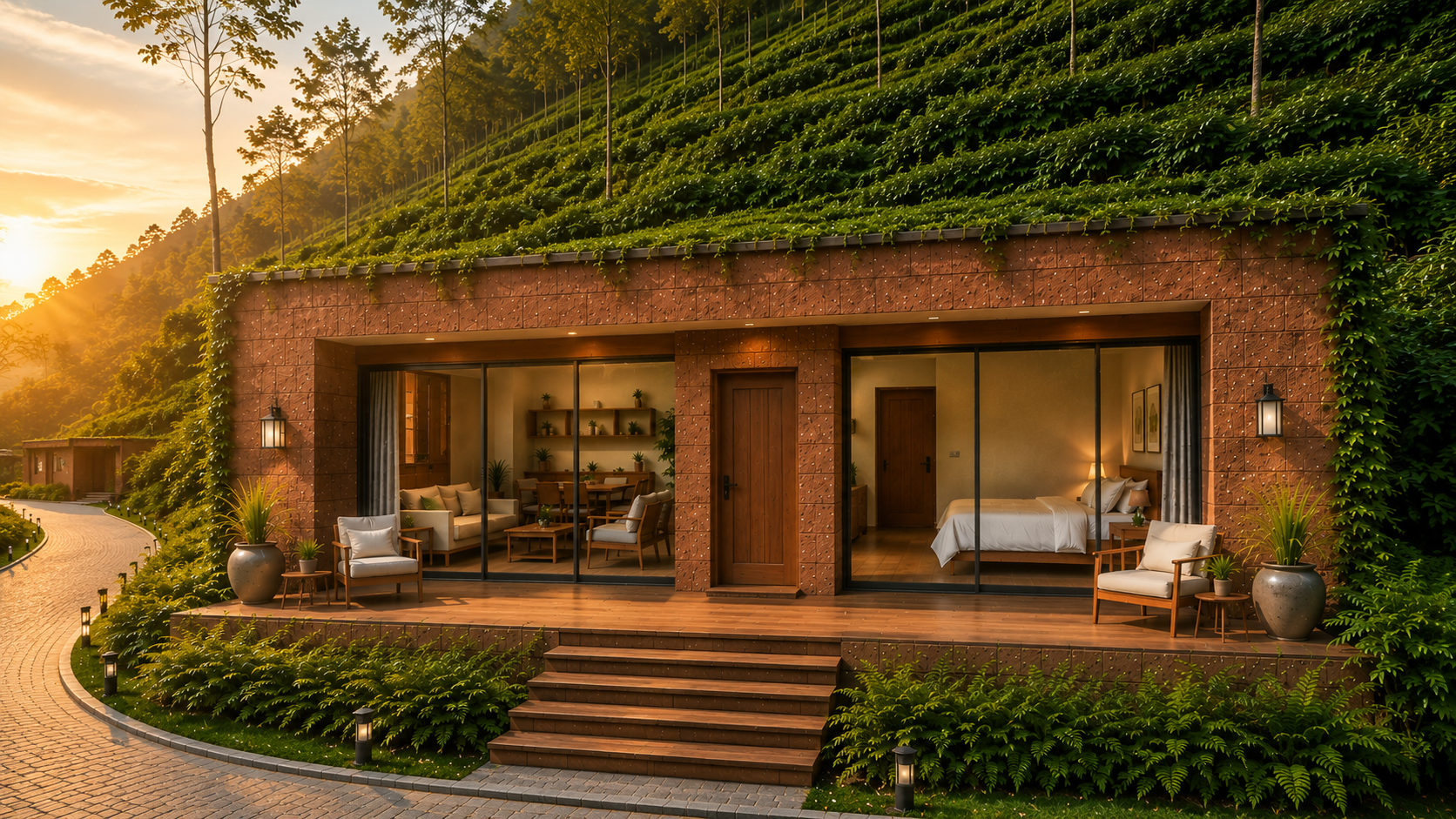 Luxe Cottage exterior at dusk